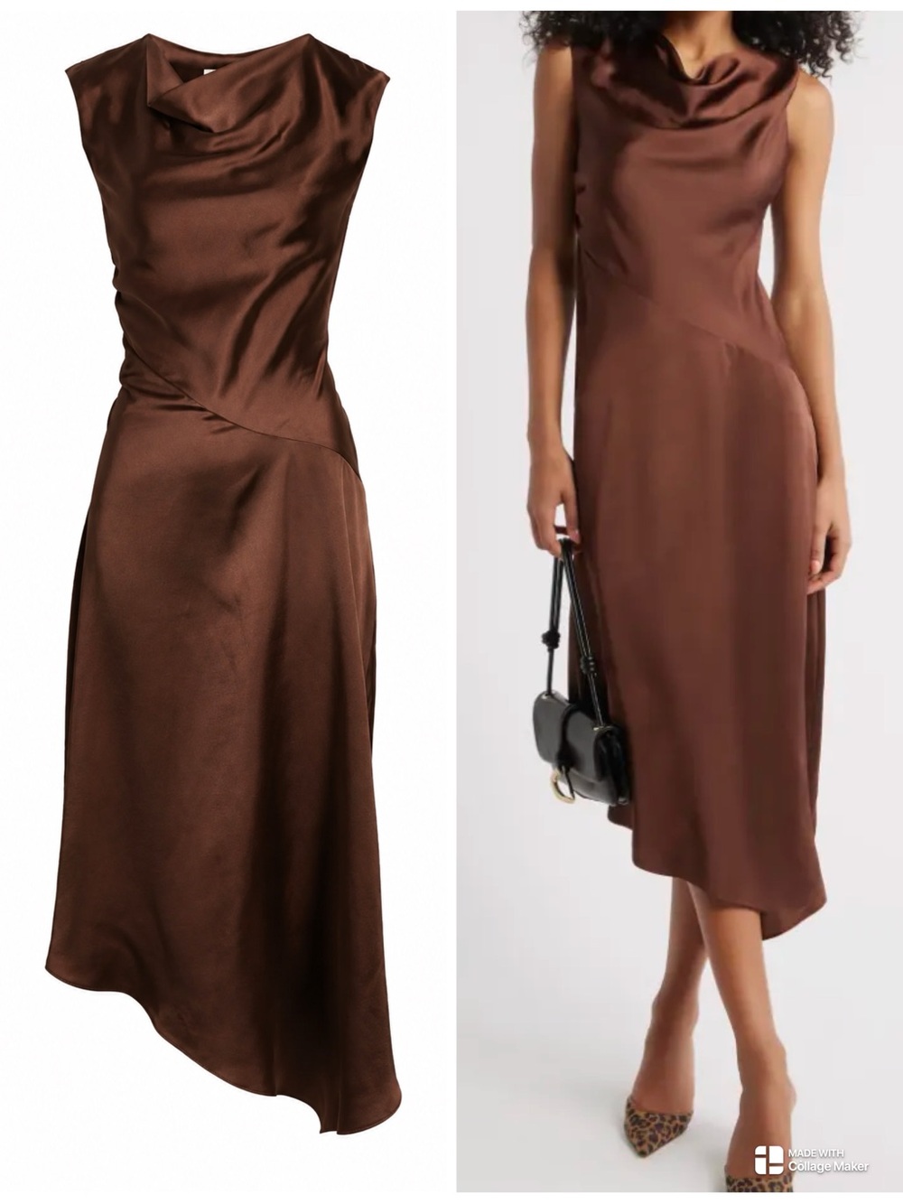 Open Edit Brown Cowl Neck Asymmetric Satin Midi Dress Small NWT